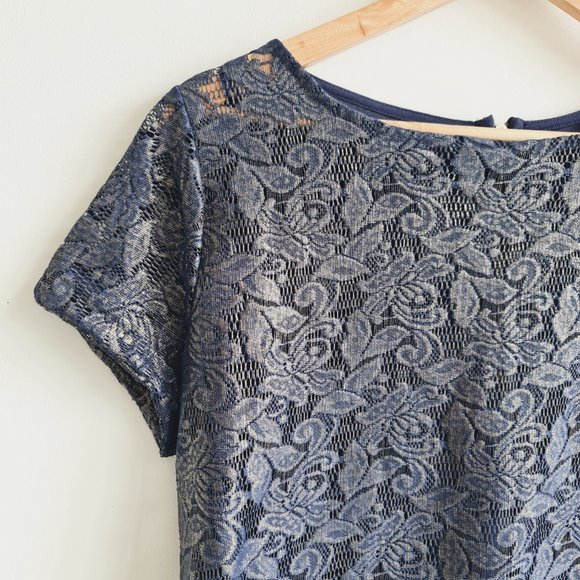 Papaya Navy Gold Floral Short Sleeve Top UK 14 Back Zip - Picture 2 of 6